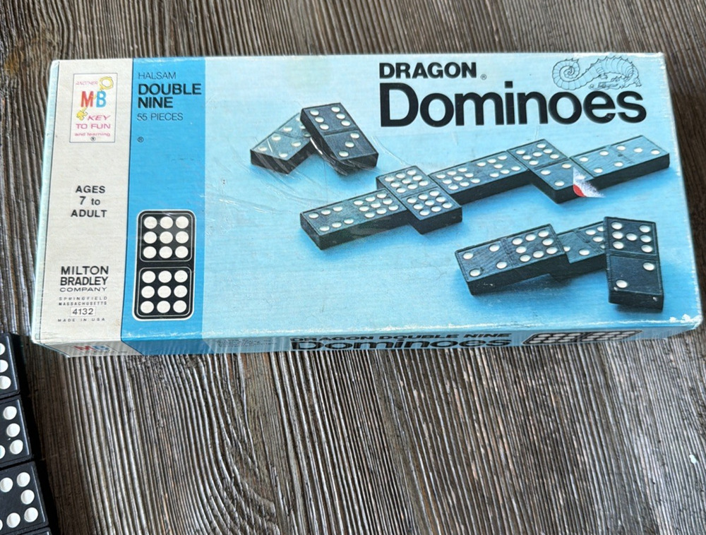 Vintage Dragon Double Nine Wood Dominoes Game Original Box Milton Bradley 1970